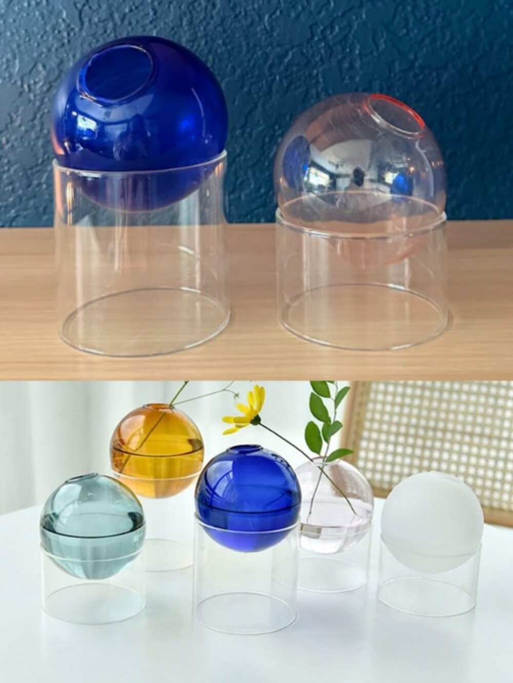 Glass Dome Display Jars - Set of 2, Blue & Amber, Good Condition